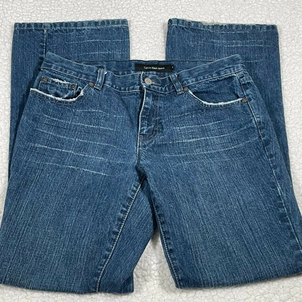 Calvin Klein Women's Low Rise Flare Dark Wash Denim Jeans Sequins Size 8
